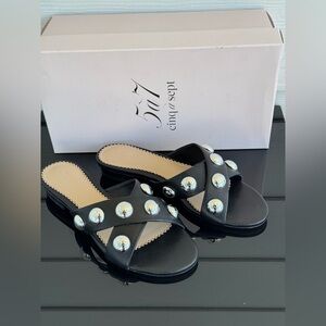 Cinq à Sept Grace Studded Slide Sandals Black Leather – Size EU 37.5 – New